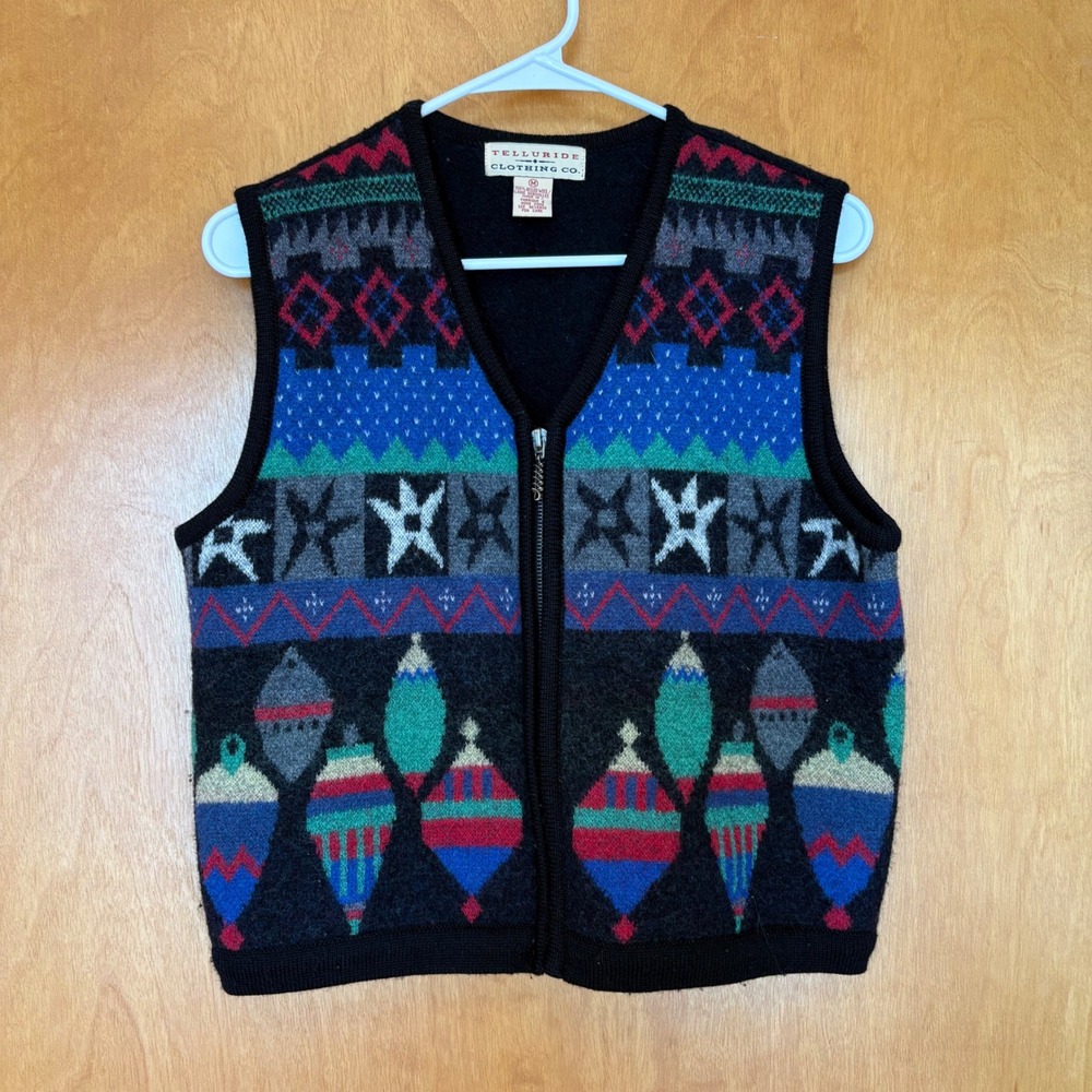 Telluride Clothing Co Sweater Vest Womens Medium Black Boiled Wool Zip Up Star‎